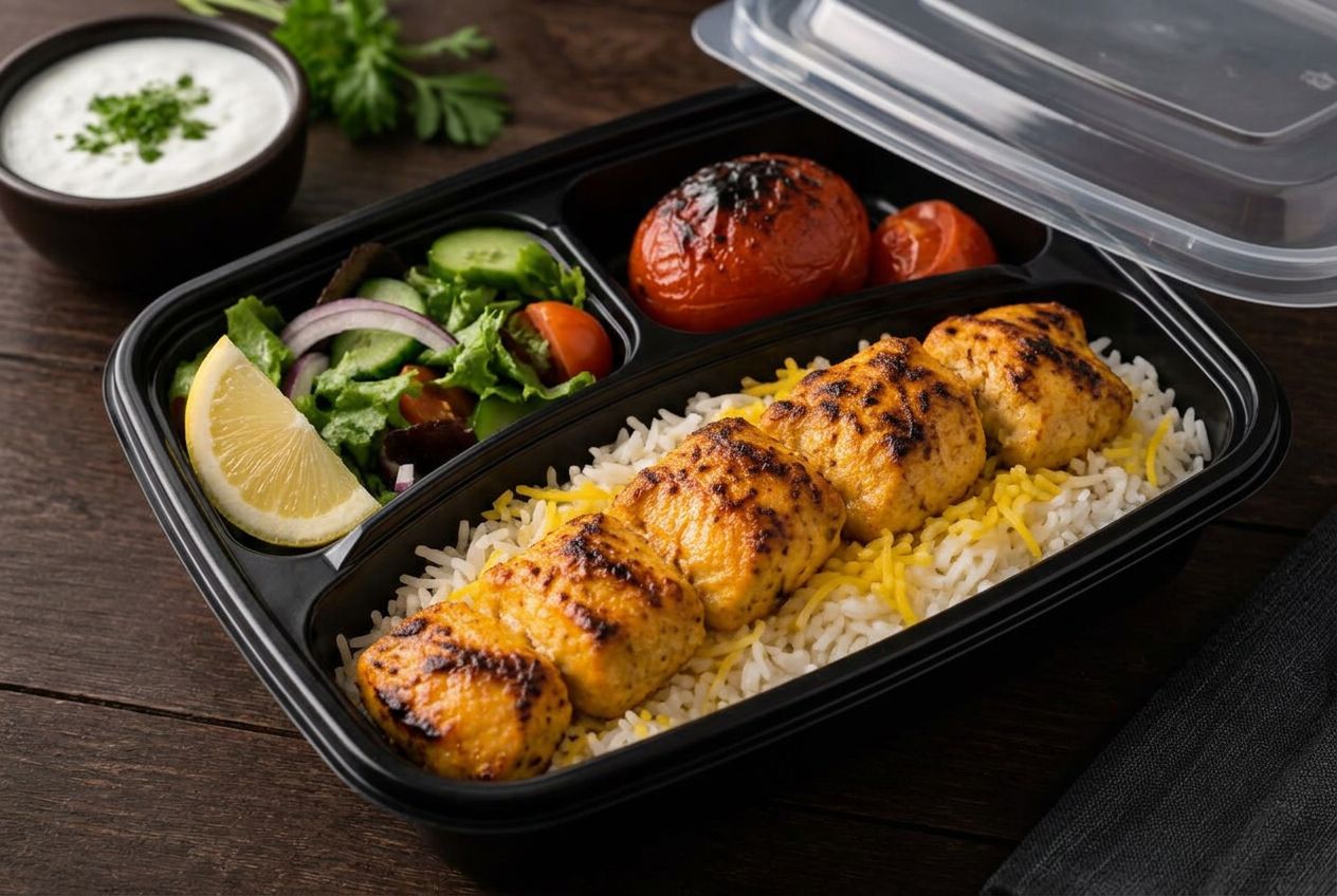 Chicken Kebab with Rice & Salad — office lunch Dubai