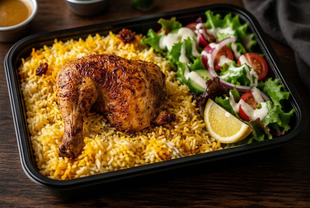 Roasted Chicken with Rice & Salad — office lunch Dubai